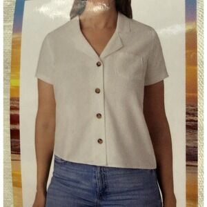 Hang Ten Linen Blend Shirt Womens Large White Button Front Short Sleeve